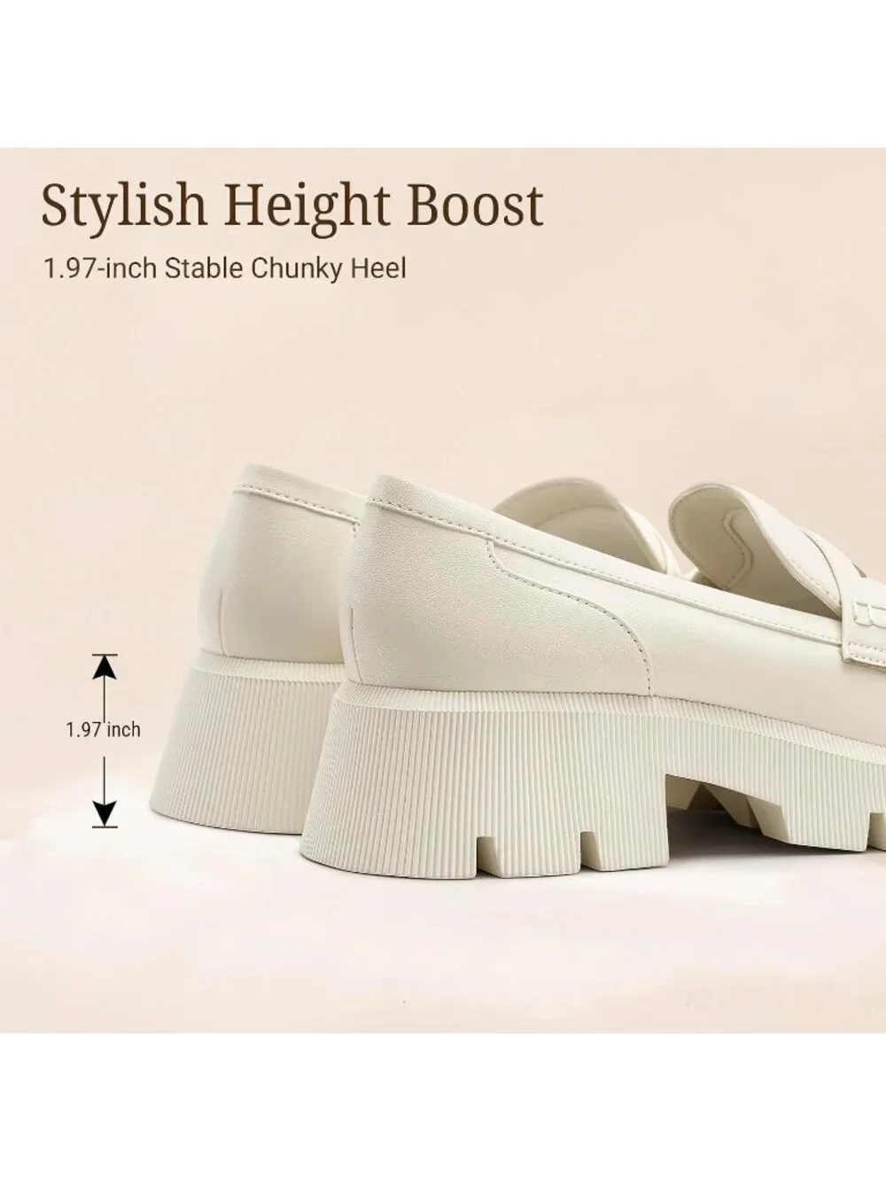 Women's Beige Round Toe Heeled Chunky Lug Sole Slip On Casual Penny Loafer Shoes